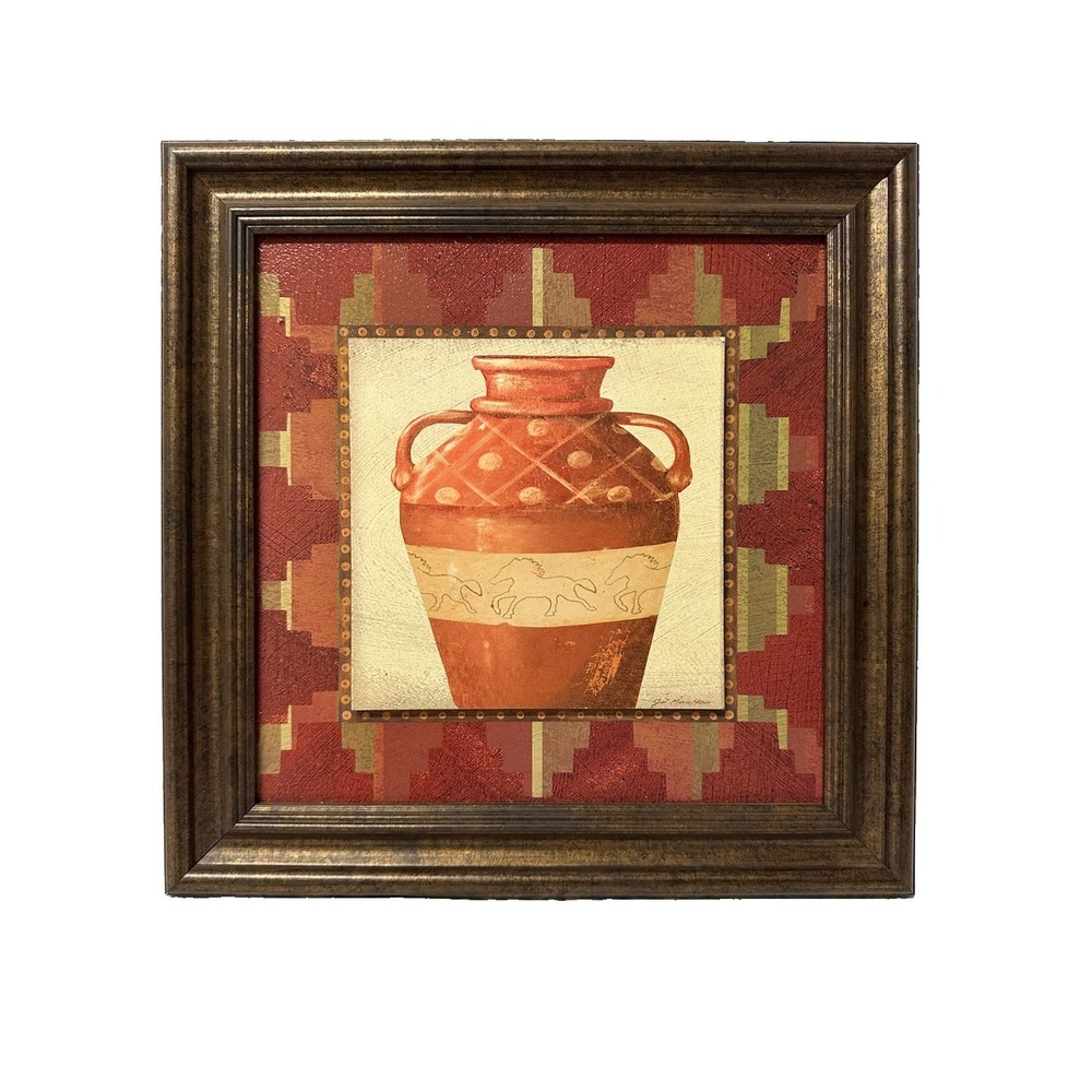 Jo Moulton Framed Art Canvas Print Southwestern Horse Pottery 13" Orange Green